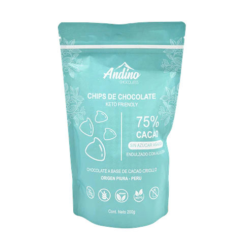 Chips de chocolate 75% cacao sin azúcar Andino 200 grs