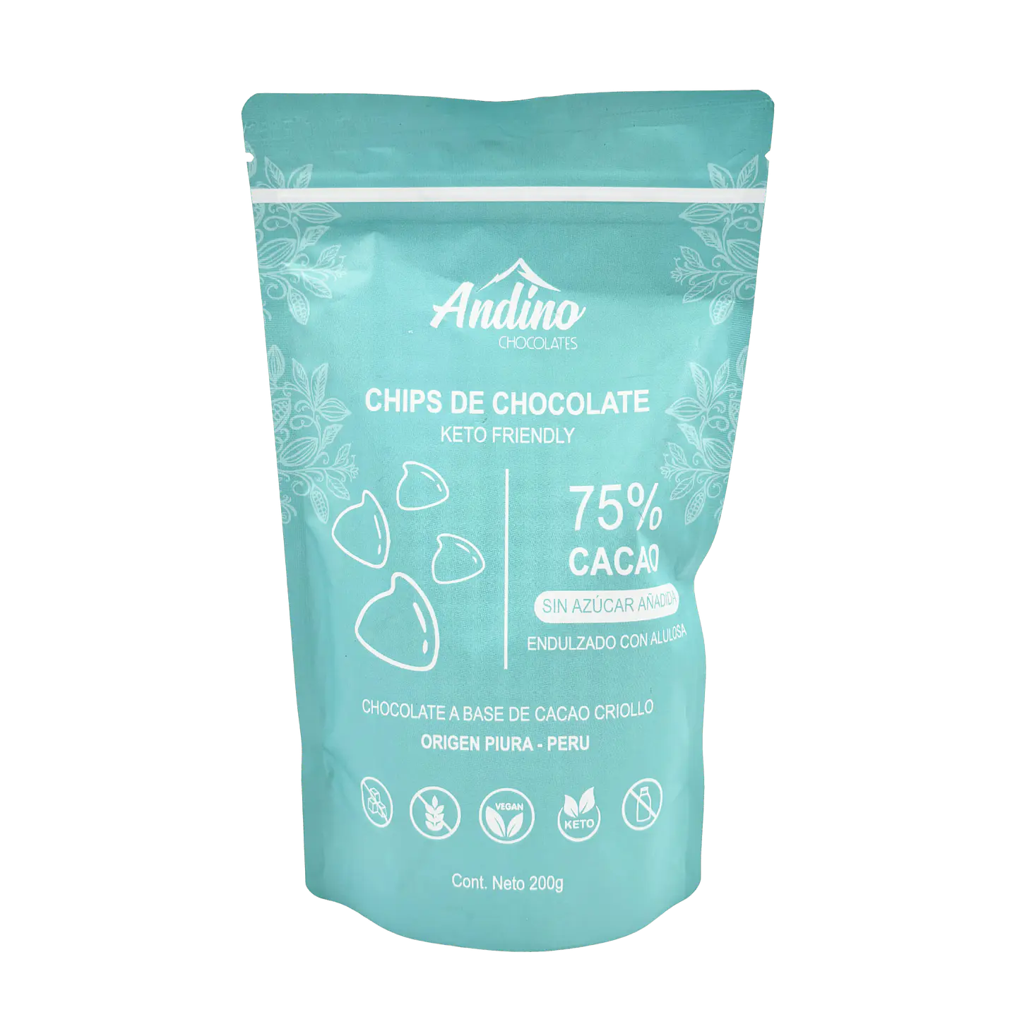 Chips de chocolate 75% cacao sin azúcar Andino 200 grs 1