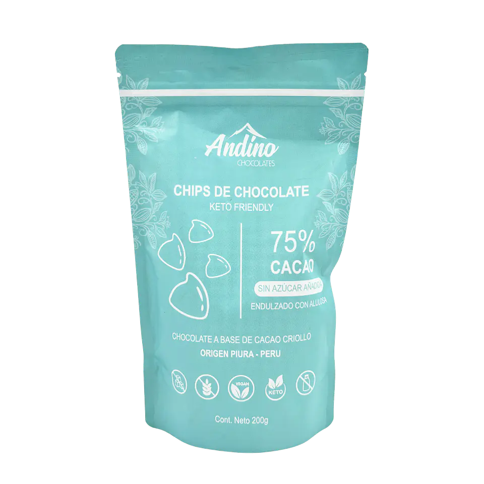 Chips de chocolate 75% cacao sin azúcar Andino 200 grs 1