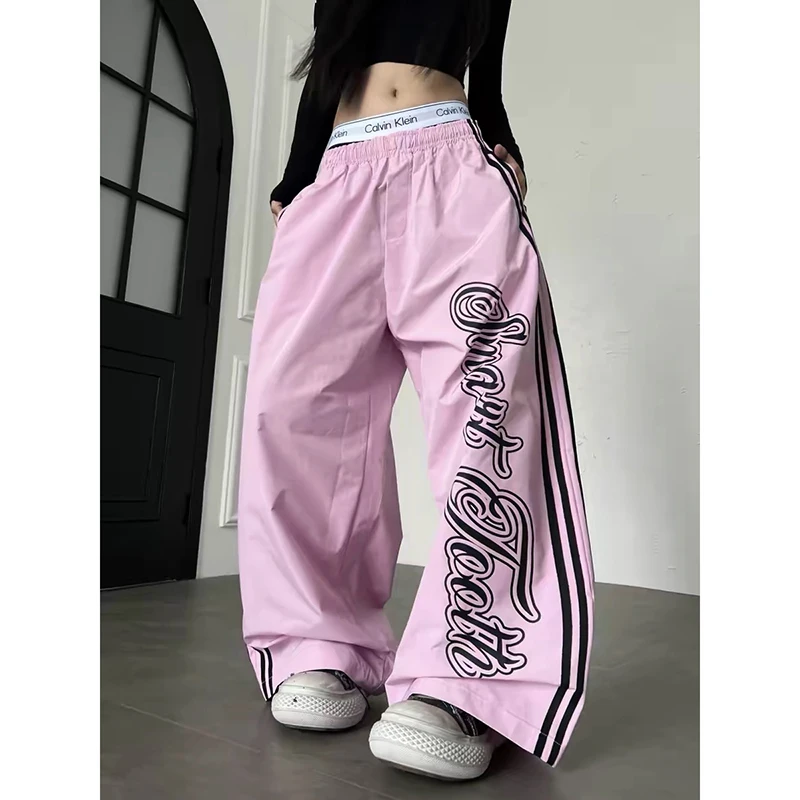 Pantalones anchos de mujer YIBASHU en rosa, estilo baggy, con estampado de letras americanas, estilo Harajuku japonés de los 2000, vintage Y2k con rayas