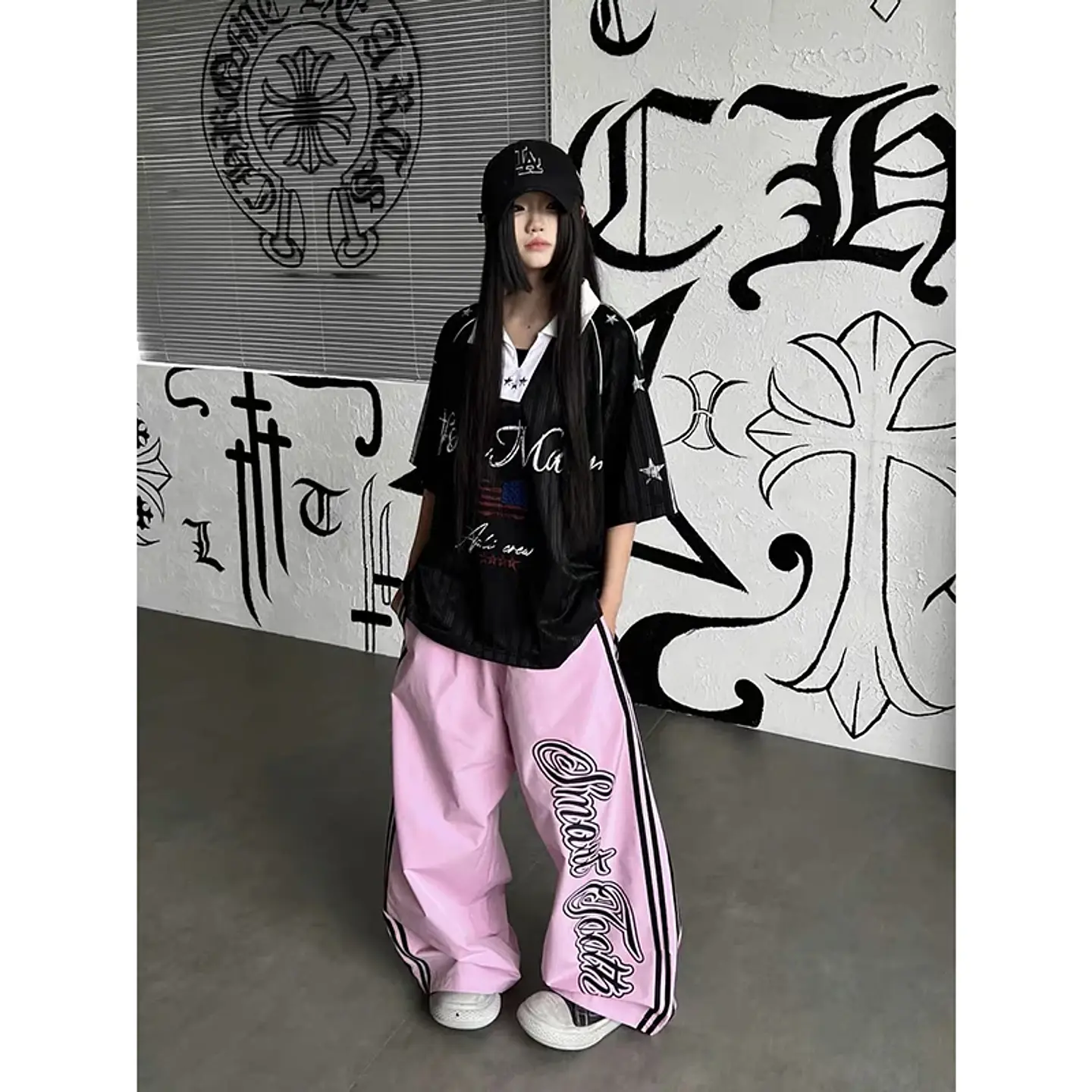 Pantalones anchos de mujer YIBASHU en rosa, estilo baggy, con estampado de letras americanas, estilo Harajuku japonés de los 2000, vintage Y2k con rayas 2