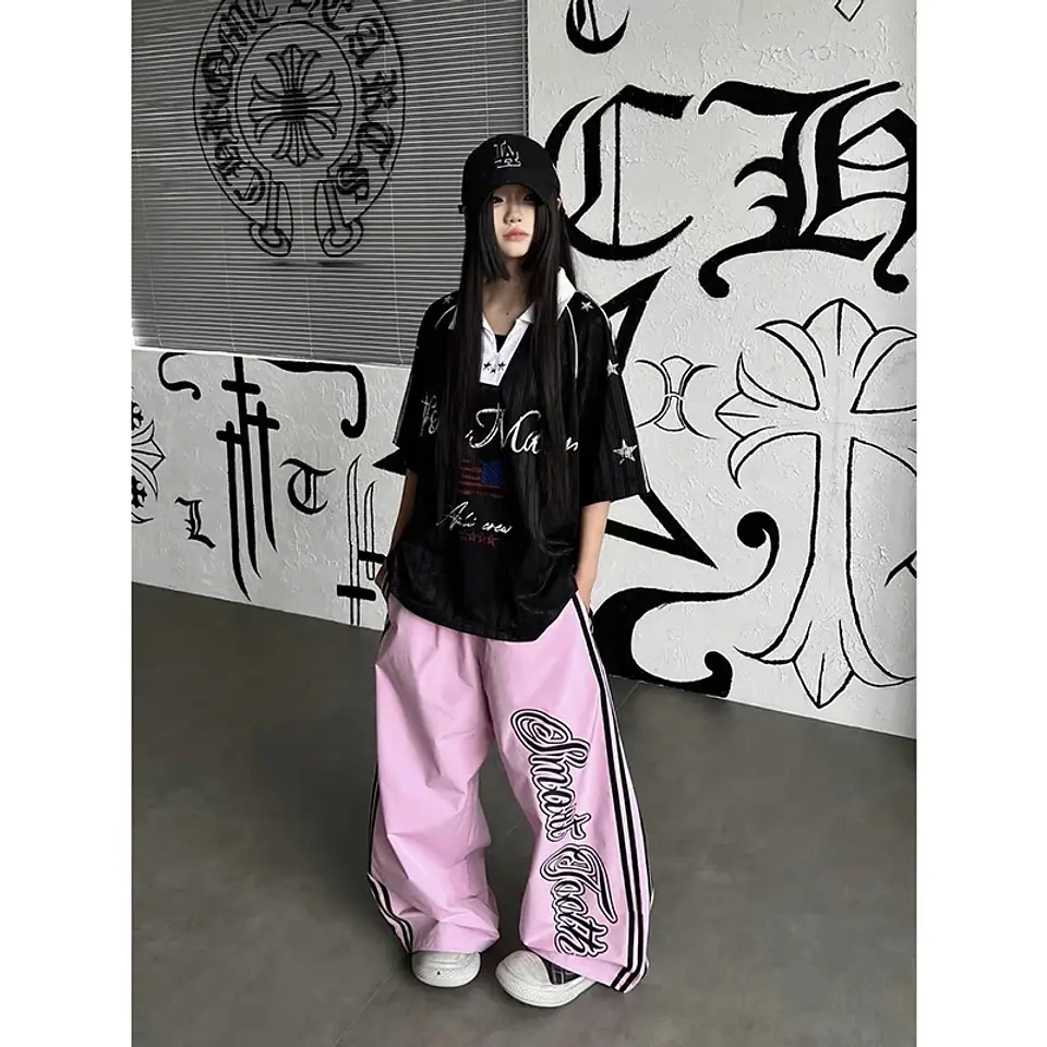 Pantalones anchos de mujer YIBASHU en rosa, estilo baggy, con estampado de letras americanas, estilo Harajuku japonés de los 2000, vintage Y2k con rayas 2
