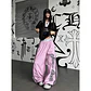 Pantalones anchos de mujer YIBASHU en rosa, estilo baggy, con estampado de letras americanas, estilo Harajuku japonés de los 2000, vintage Y2k con rayas - Miniatura 3