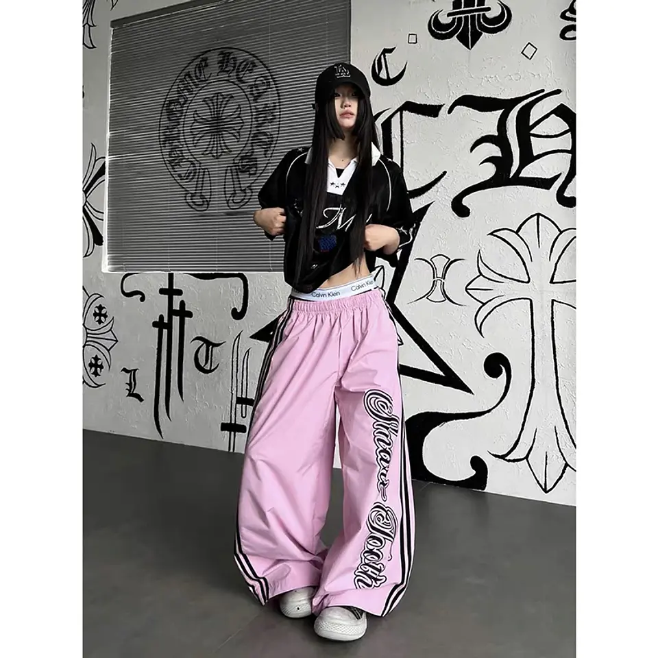 Pantalones anchos de mujer YIBASHU en rosa, estilo baggy, con estampado de letras americanas, estilo Harajuku japonés de los 2000, vintage Y2k con rayas 3