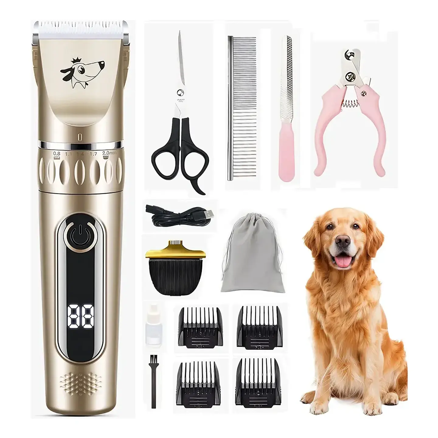 Cortadora de Pelo para Mascotas Inalámbrica con Pantalla Digital, Silenciosa y Kit Completo 1
