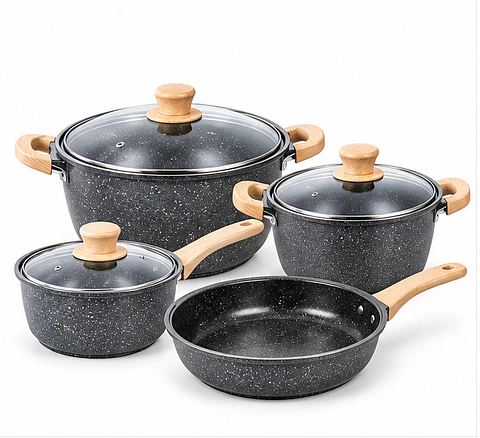 Set 7 Piezas Ollas Y Sartenes Antiadherentes Granito