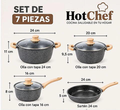 Set 7 Piezas Ollas Y Sartenes Antiadherentes Granito