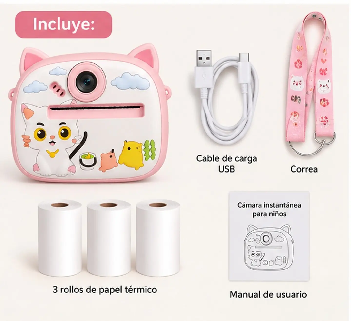  Camara Infantil Digital Impresora Termica Foto Video Diseño Gatito Rosa Instantanea Recargable Juguete Nene Nena Musica Juegos Portatil Regalo Rollo Papel Selfie Educativo Divertido Niños Creativa 2