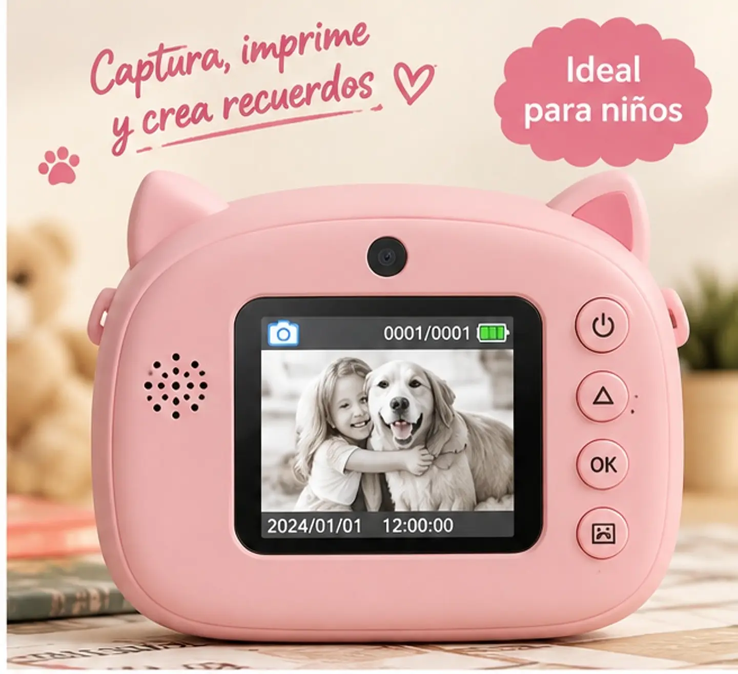  Camara Infantil Digital Impresora Termica Foto Video Diseño Gatito Rosa Instantanea Recargable Juguete Nene Nena Musica Juegos Portatil Regalo Rollo Papel Selfie Educativo Divertido Niños Creativa 3