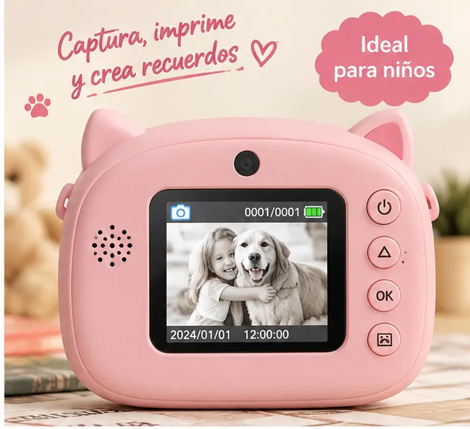  Camara Infantil Digital Impresora Termica Foto Video Diseño Gatito Rosa Instantanea Recargable Juguete Nene Nena Musica Juegos Portatil Regalo Rollo Papel Selfie Educativo Divertido Niños Creativa 3