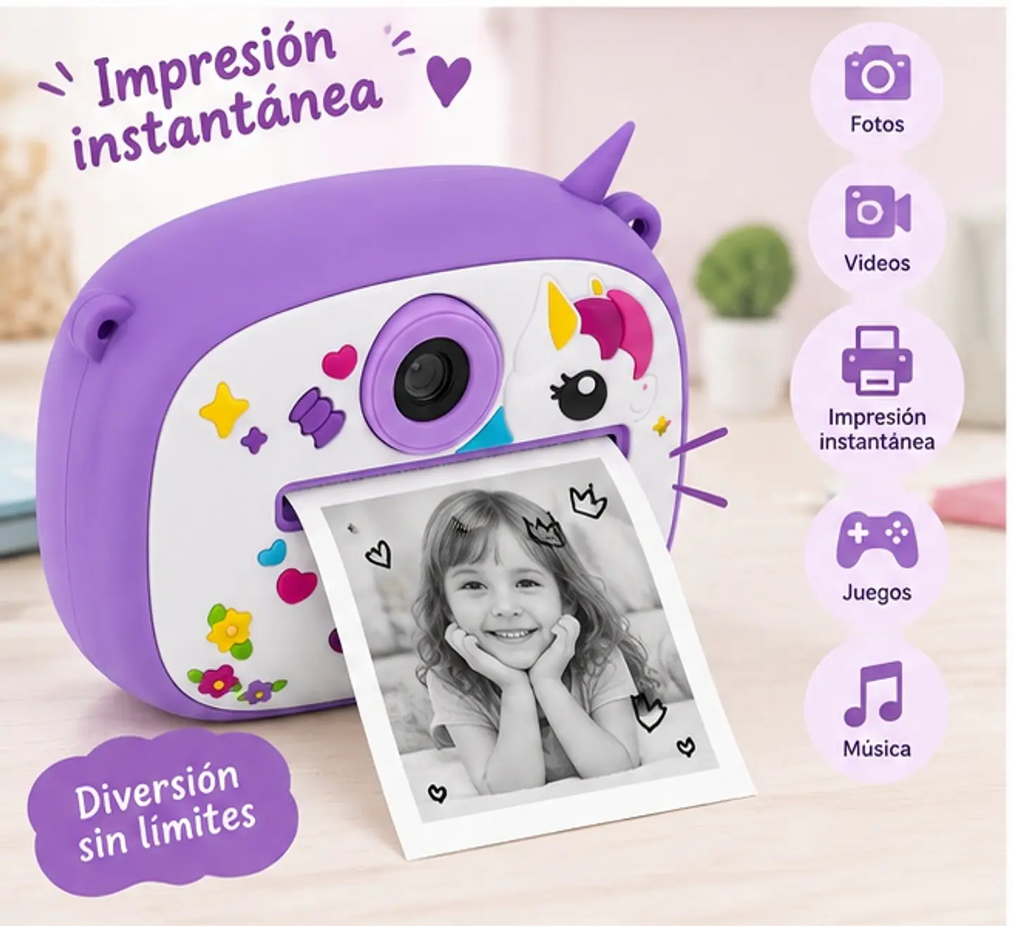 Camara Instantánea Niño Infantil Termica Foto Video Digital Color Unicornio 2