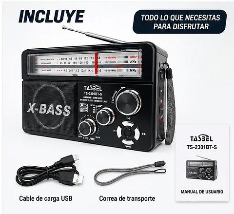 Radio Retro Solar Bt Usb Recargable Am/fm/sw + Linterna Negro