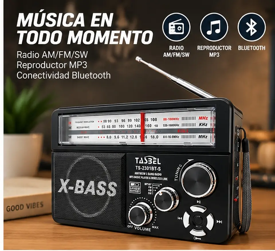 Radio Retro Solar Bt Usb Recargable Am/fm/sw + Linterna Negro 4