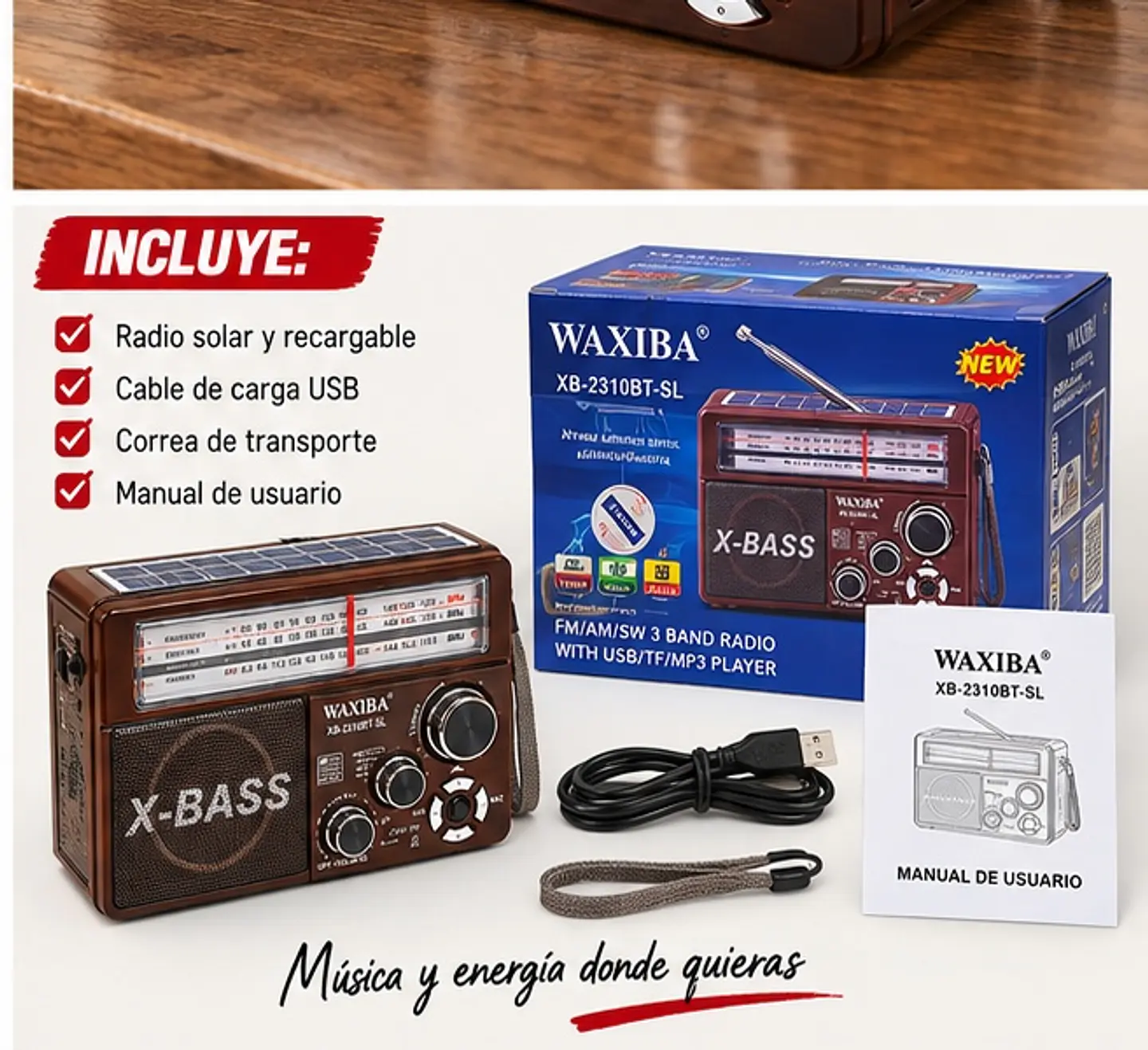 Radio Retro Solar Bt Usb Recargable Am/fm/sw + Linterna Café 1