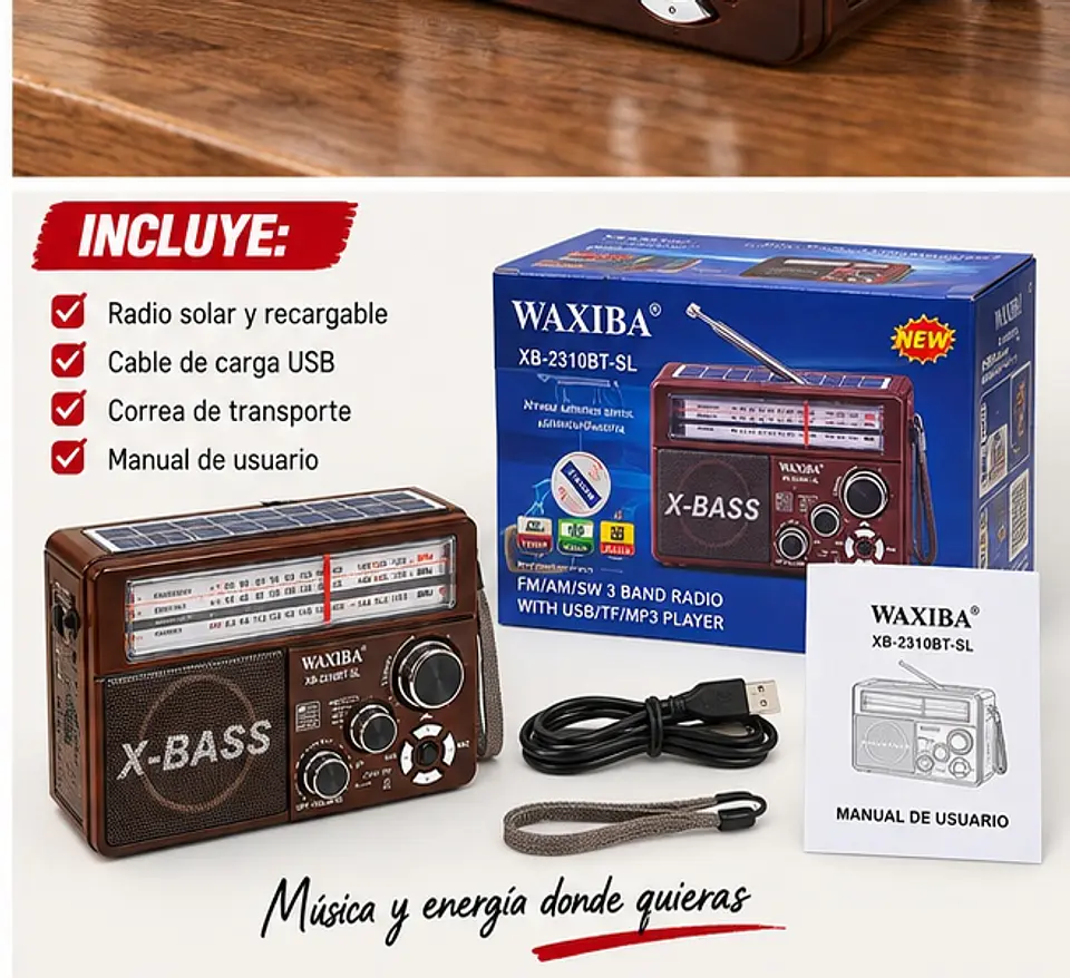 Radio Retro Solar Bt Usb Recargable Am/fm/sw + Linterna Café 1