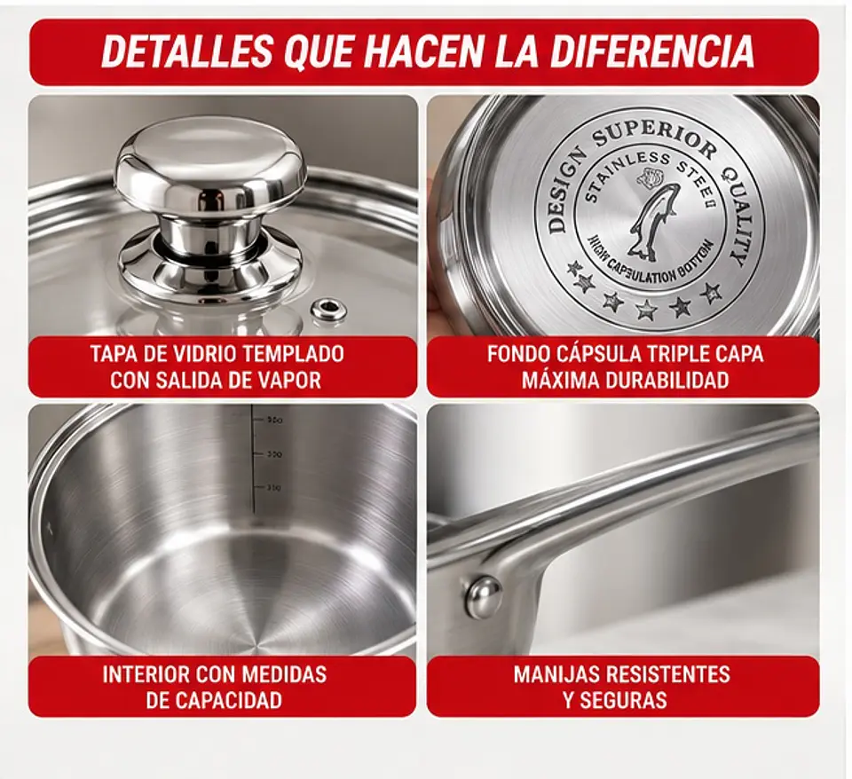 Juego de Ollas y Batería de Cocina de Acero Inoxidable con 15 Piezas 2