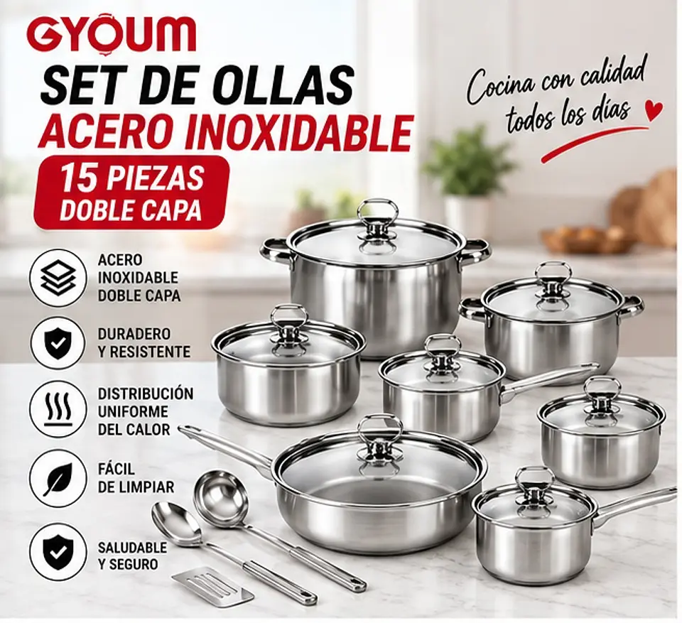 Juego de Ollas y Batería de Cocina de Acero Inoxidable con 15 Piezas 3