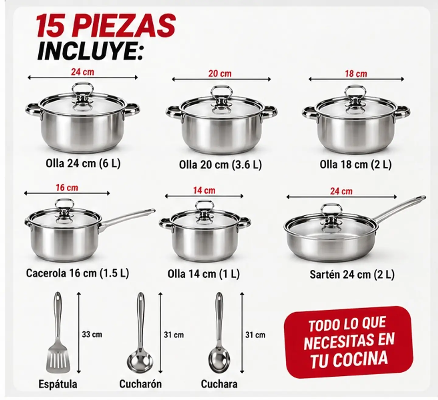 Juego de Ollas y Batería de Cocina de Acero Inoxidable con 15 Piezas 4