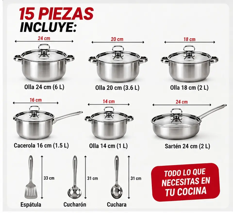Juego de Ollas y Batería de Cocina de Acero Inoxidable con 15 Piezas 4