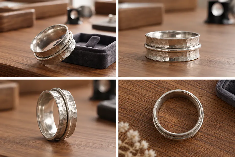 Anillo Giratorio Antiestrés De Plata Martillado Talla 16 2