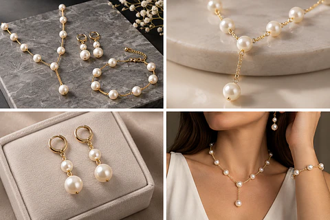 Conjunto De Collar, Aros Y Pulsera Perlas