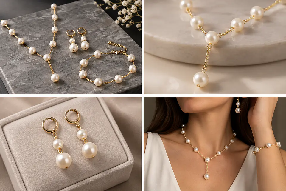 Conjunto De Collar, Aros Y Pulsera Perlas 2