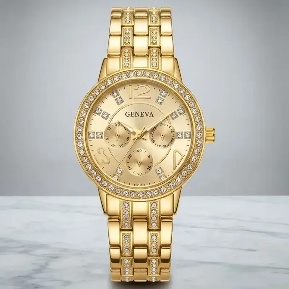 Reloj Para Dama Dorado Con Cristales Correa Metálica 1