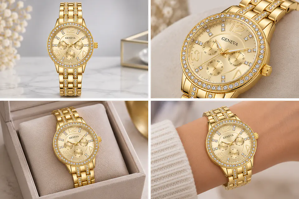 Reloj Para Dama Dorado Con Cristales Correa Metálica 2