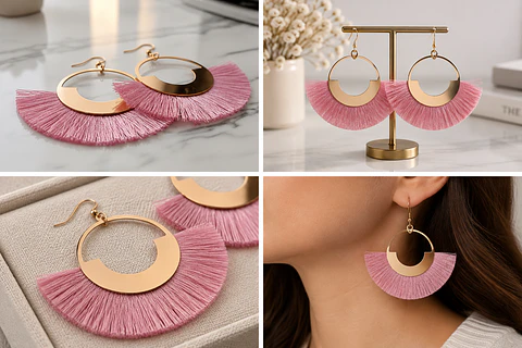 Aros Argollas Doradas Con Flecos Rosados Estilo Abanico Agregar a favoritos