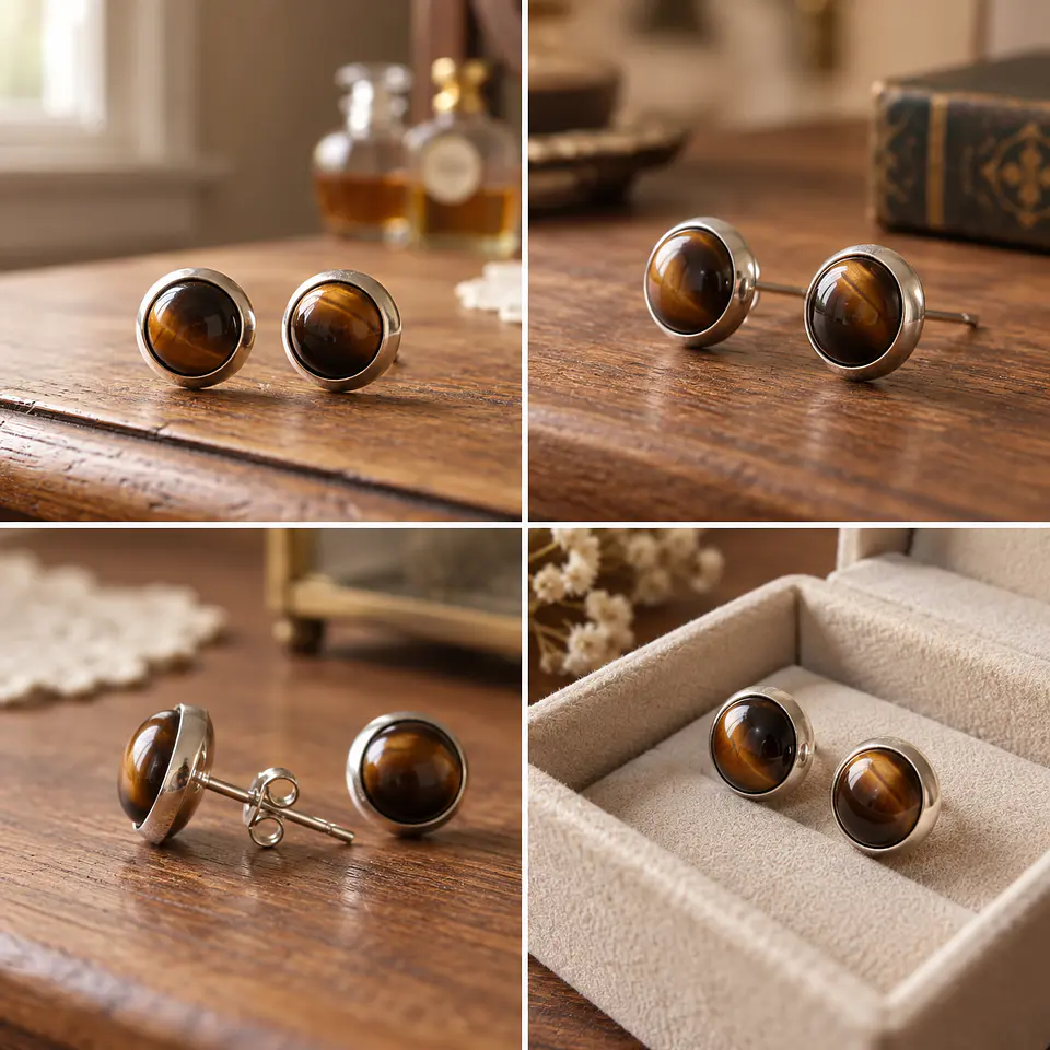 Aros De Plata 925 Con Piedra Natural Ojo De Tigre 2