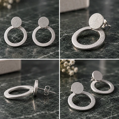 Aros De Plata Texturizados Diseño Moderno Círculo Y Argolla