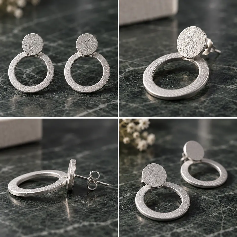 Aros De Plata Texturizados Diseño Moderno Círculo Y Argolla 2