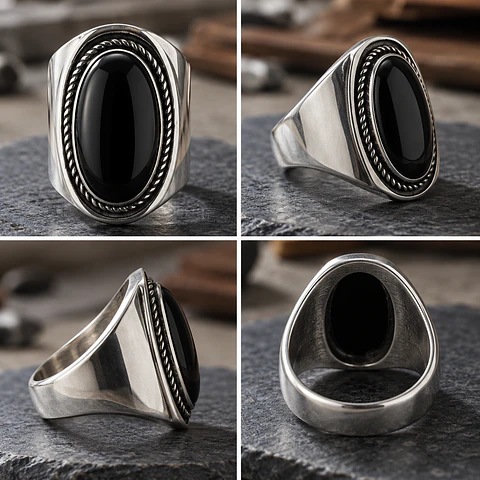 Anillo Plateado Con Piedra Negra Oval Diseño Elegante