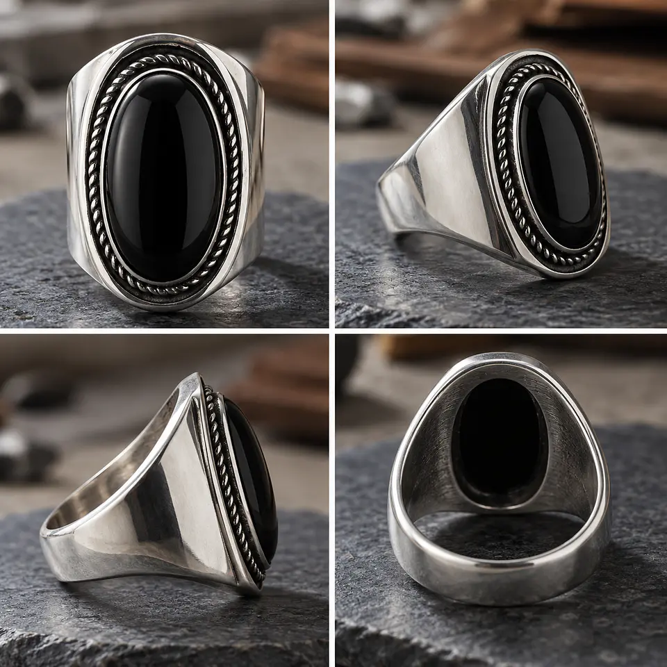 Anillo Plateado Con Piedra Negra Oval Diseño Elegante 2