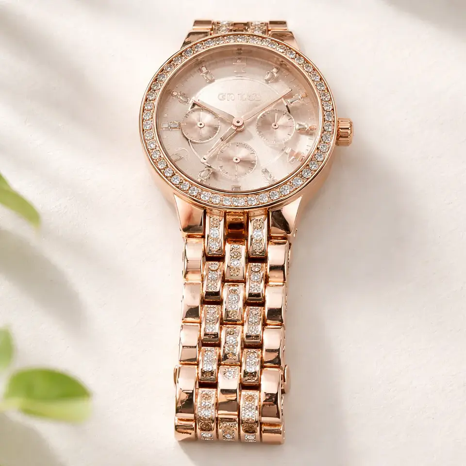 Reloj Geneva Mujer Analógico Oro Rosa Con Cristales 1