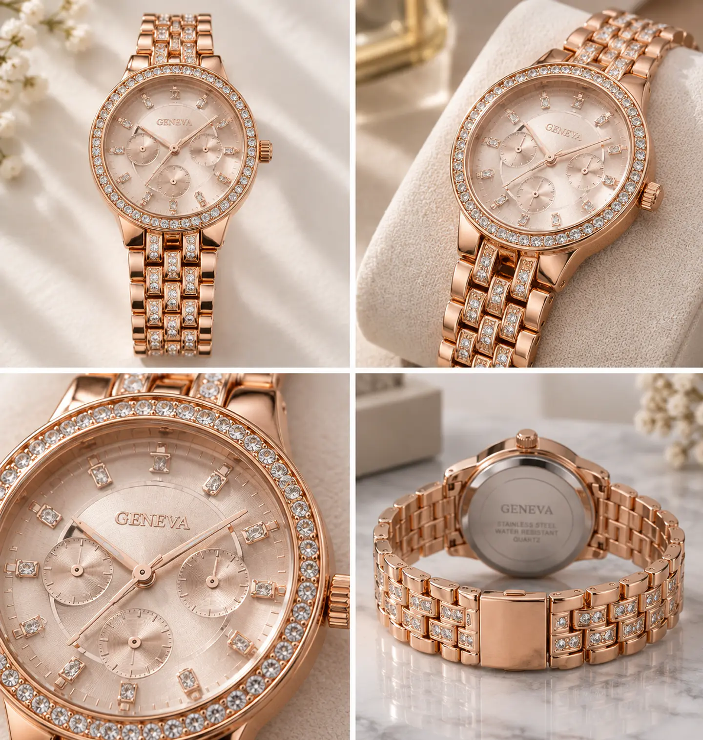 Reloj Geneva Mujer Analógico Oro Rosa Con Cristales 2