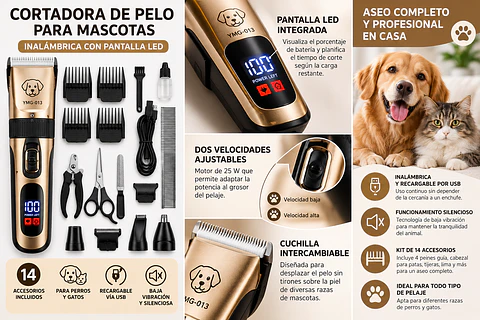 Cortadora de Pelo para Mascotas Inalámbrica con Pantalla LED + Kit