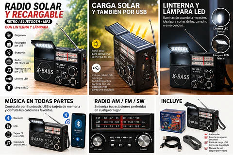 Radio Retro Solar Bluetooth AM/FM/SW con Linterna (Negra)