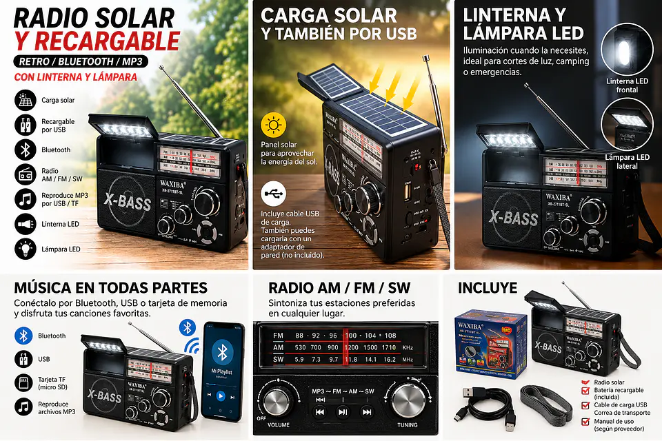Radio Retro Solar Bluetooth AM/FM/SW con Linterna (Negra) 2