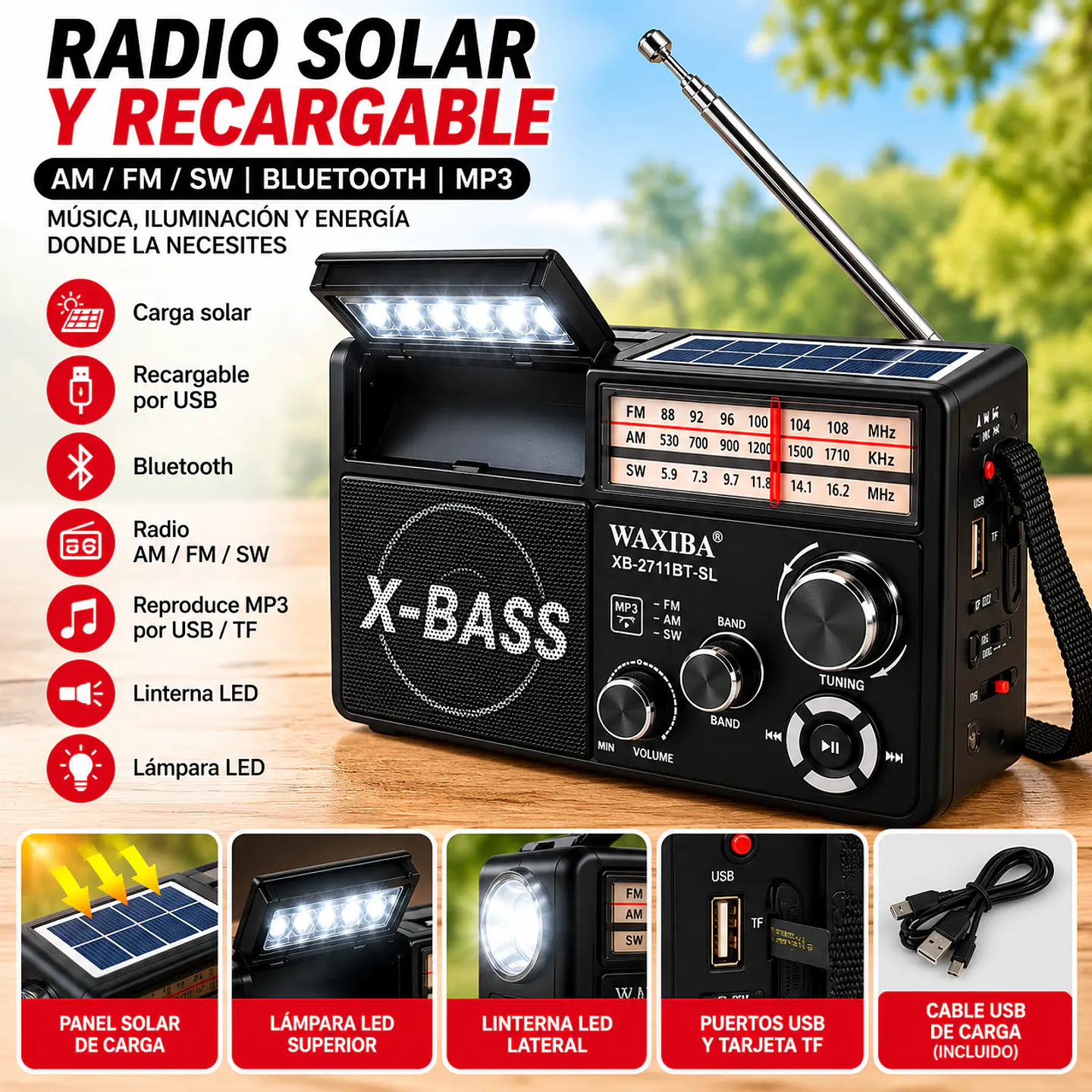 Radio Retro Solar Bluetooth AM/FM/SW con Linterna (Negra) 3