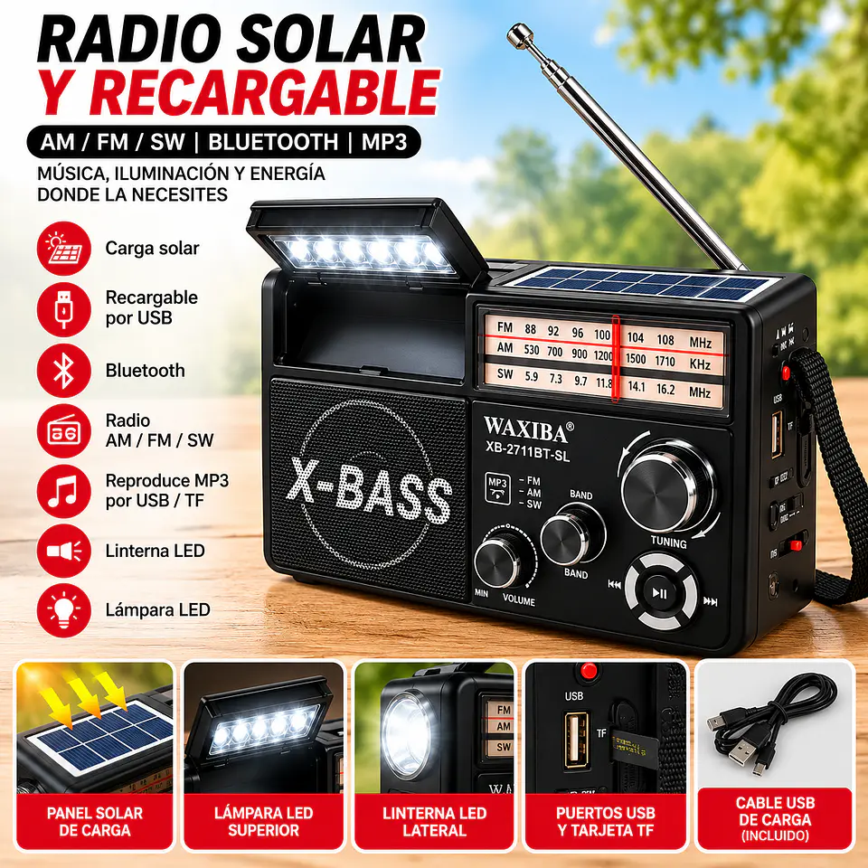 Radio Retro Solar Bluetooth AM/FM/SW con Linterna (Negra) 3