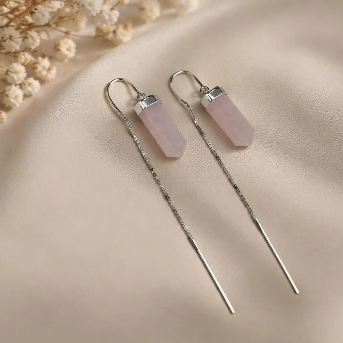 Brinco fio prateado Quartzo-rosa  1