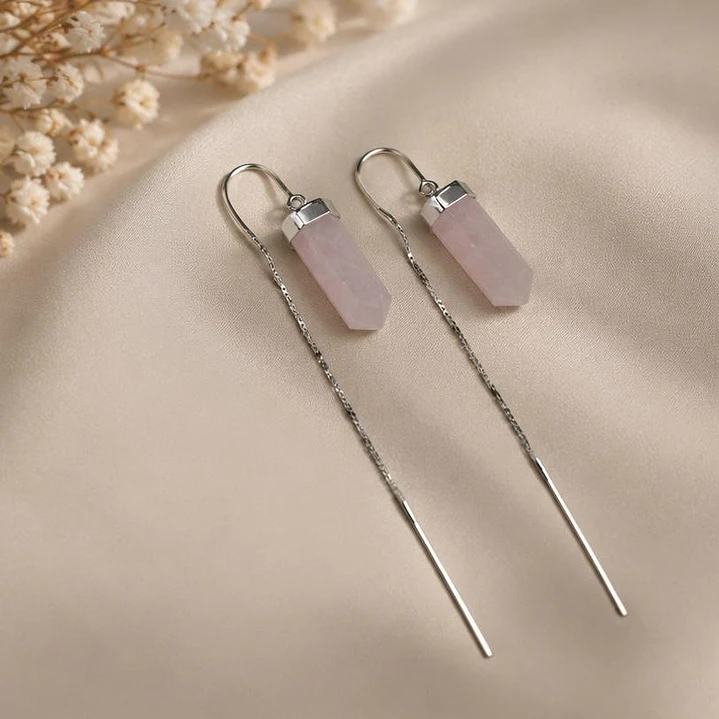 Brinco fio prateado Quartzo-rosa  1