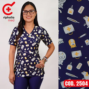 Delantal Elasticado Estampado Mujer Gatitos y Perritos Azul Marino — libreta de bolsillo para estudiantes de enfermería | Enfermera Rosada