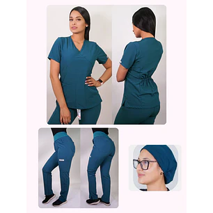 Conjunto Clínico Antifluido Mujer 3 Piezas Cuello V Verde Petróleo — libreta de bolsillo para estudiantes de enfermería | Enfermera Rosada