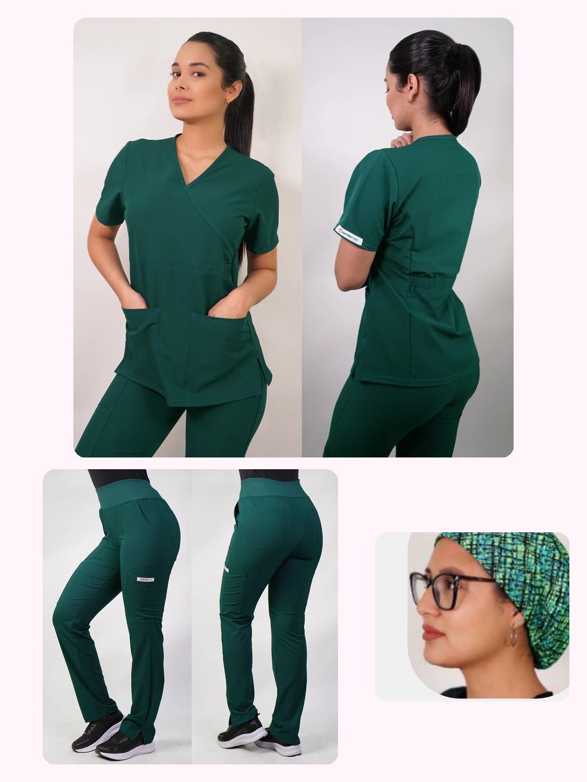 Conjunto Clínico Antifluido Mujer 3 Piezas Cuello V Verde Botella — libreta de bolsillo para estudiantes de enfermería | Enfermera Rosada (1)