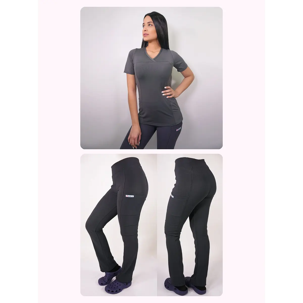 Dúo Clínico Delantal Elasticado + Pantalón Spandex Gris — libreta de bolsillo para estudiantes de enfermería | Enfermera Rosada (1)