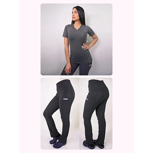 Dúo Clínico Delantal Elasticado + Pantalón Spandex Gris — libreta de bolsillo para estudiantes de enfermería | Enfermera Rosada