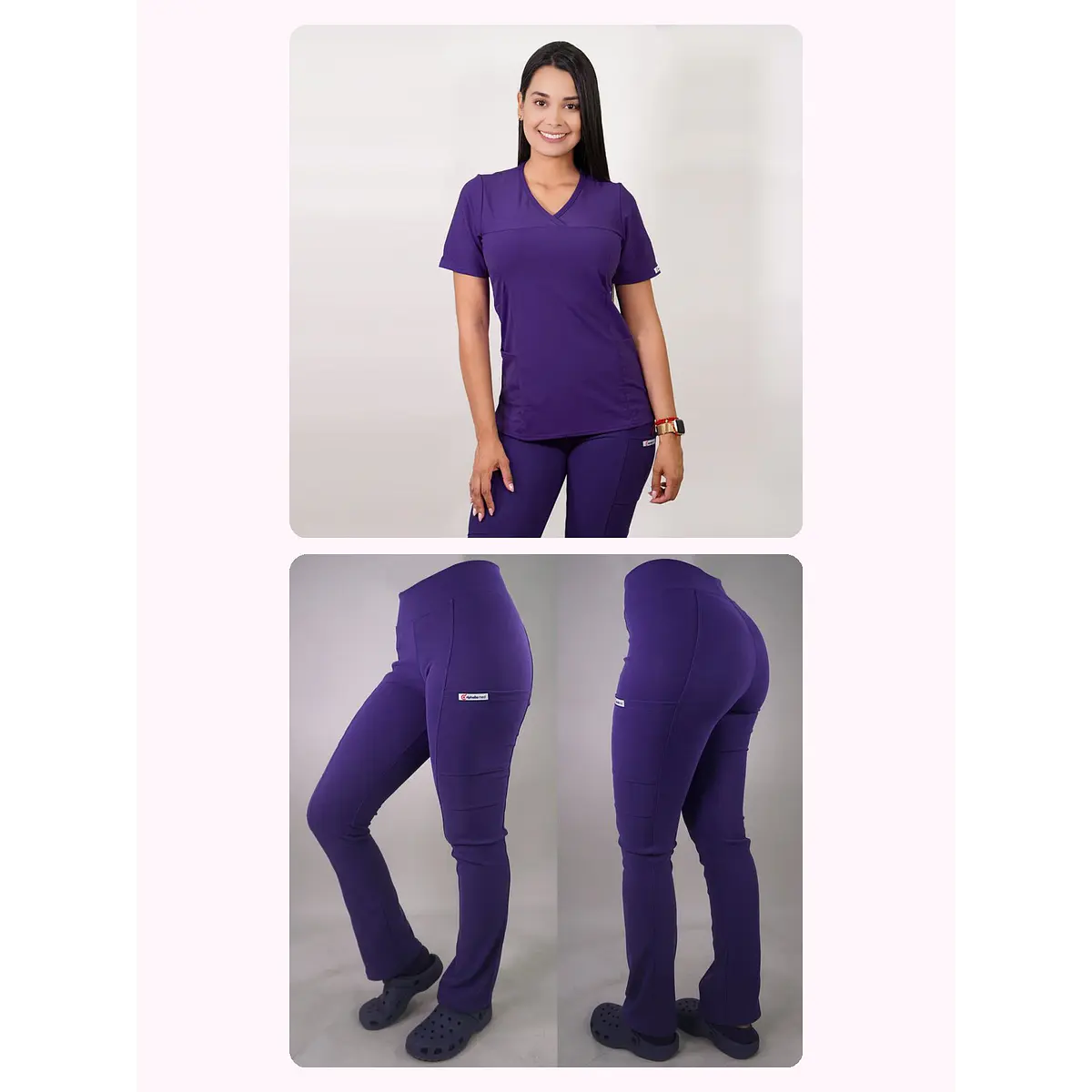 Dúo Clínico Delantal Elasticado + Pantalón Spandex Morado — libreta de bolsillo para estudiantes de enfermería | Enfermera Rosada (1)