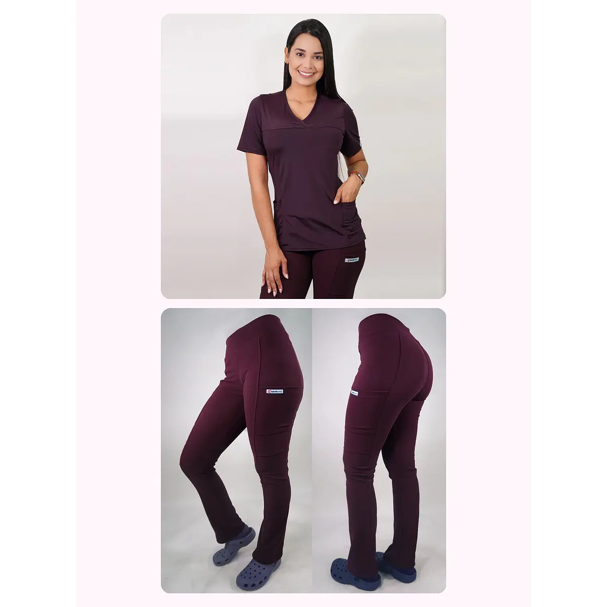 Dúo Clínico Delantal Elasticado + Pantalón Spandex Burdeo — libreta de bolsillo para estudiantes de enfermería | Enfermera Rosada (1)
